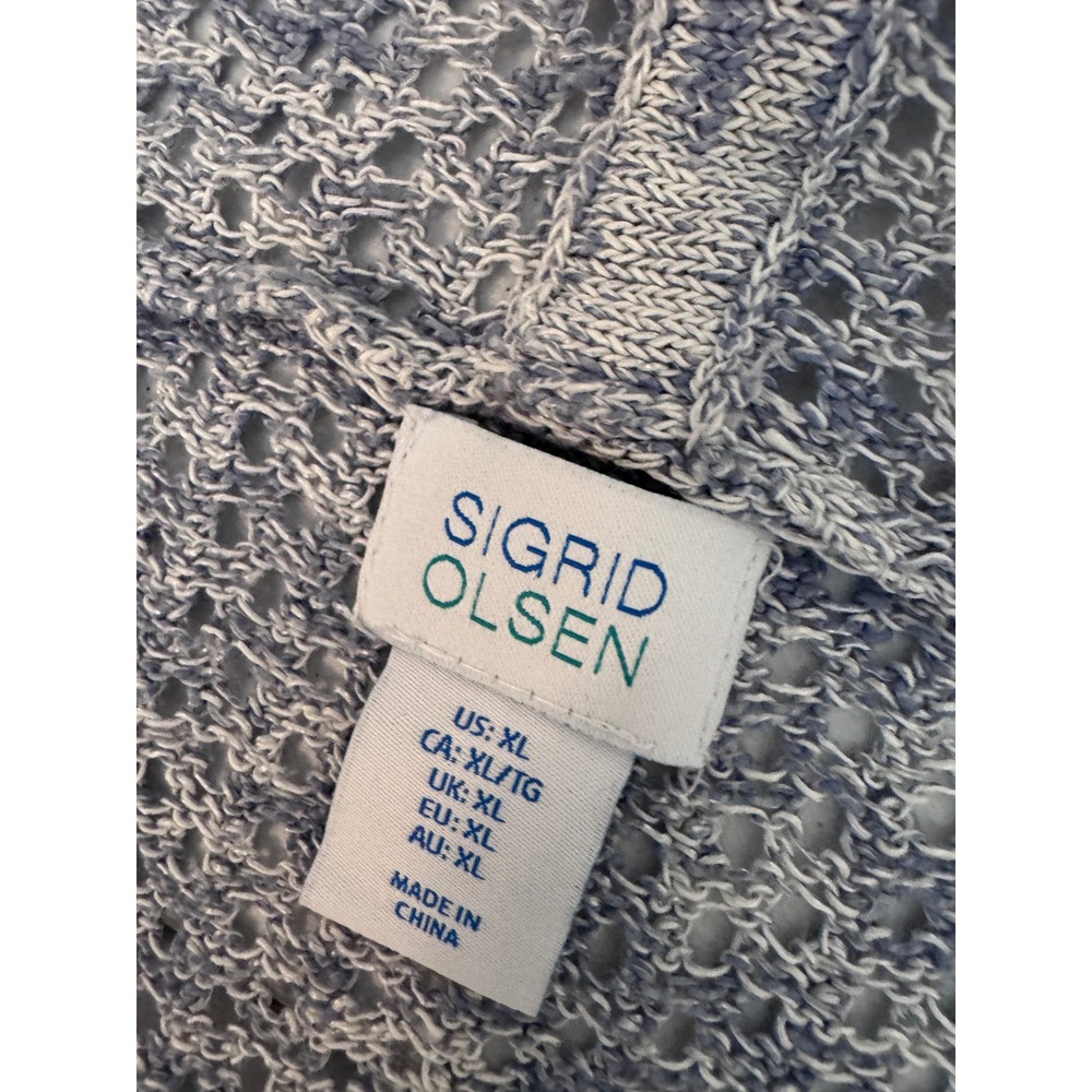 Sigrid Olsen Blue White Linen Blend Pointelle Knit Hooded Open Cardigan XL ff - Picture 6 of 6
